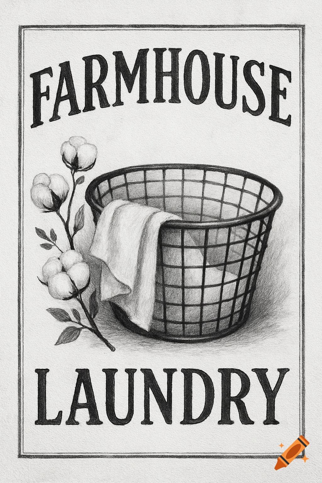 Black and white sketch of a laundry basket and cotton stems with the text FARMHOUSE LAUNDRY.