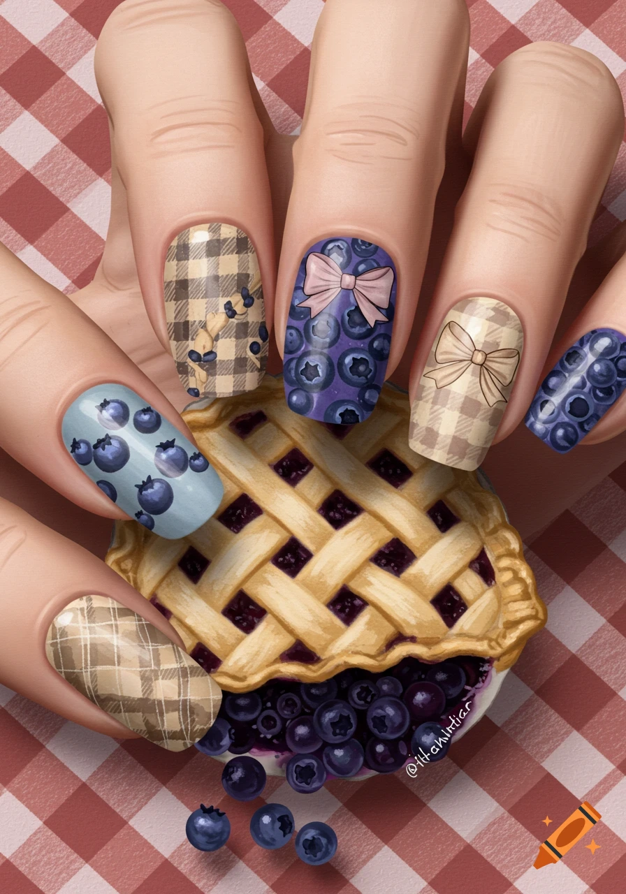 Hand with nails painted in blueberry pie, plaid, and bow designs holds a slice of blueberry pie over a checkered picnic blanket.
