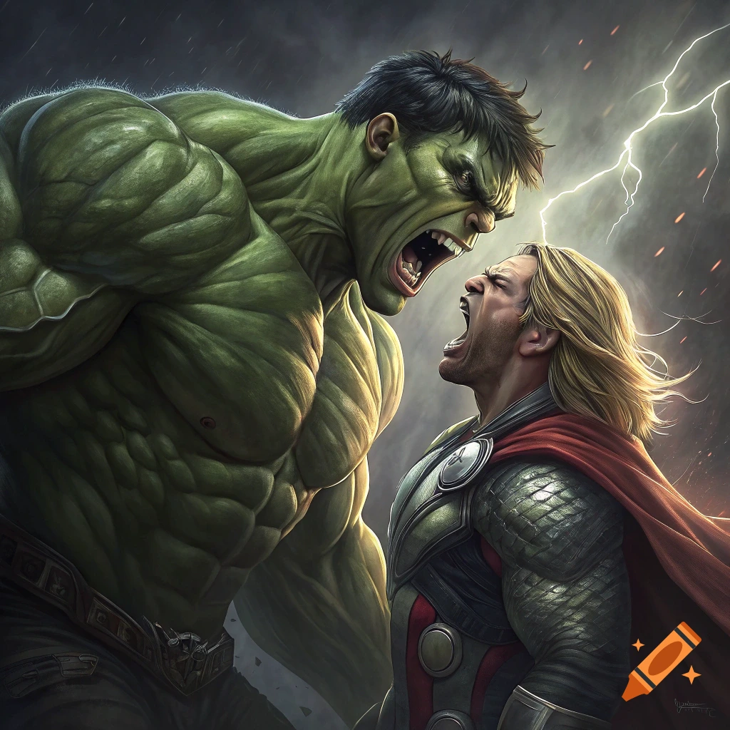 Hulk and Thor yell at each other face-to-face during a lightning storm.