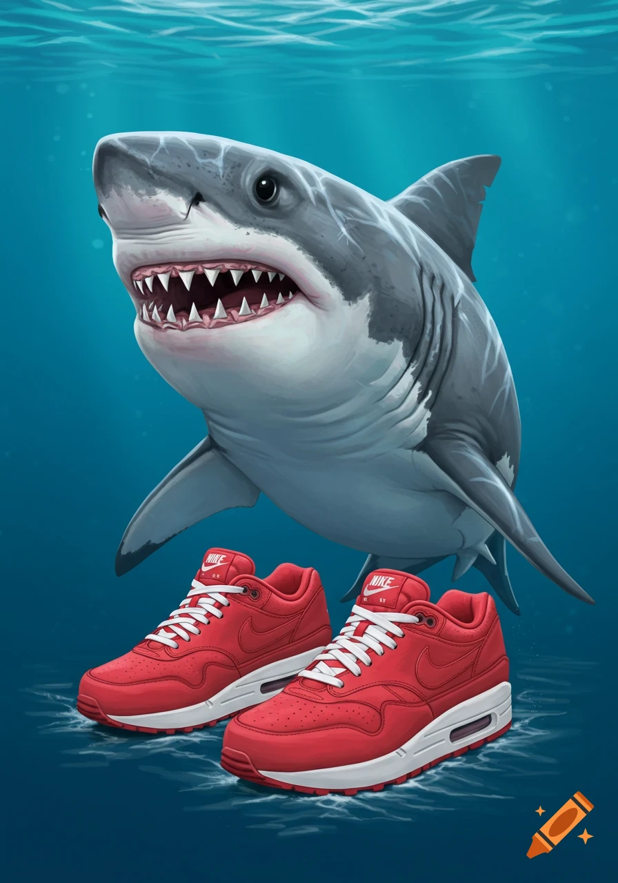Illustration of a shark underwater with red Nike shoes floating below it.