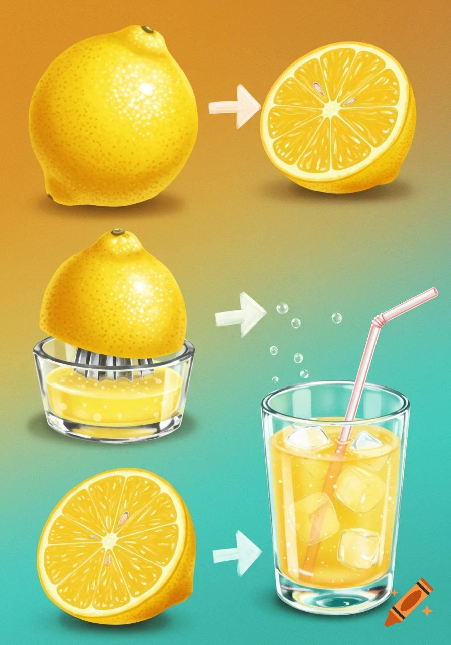 Illustration showing steps from a whole lemon to a glass of lemonade with ice.