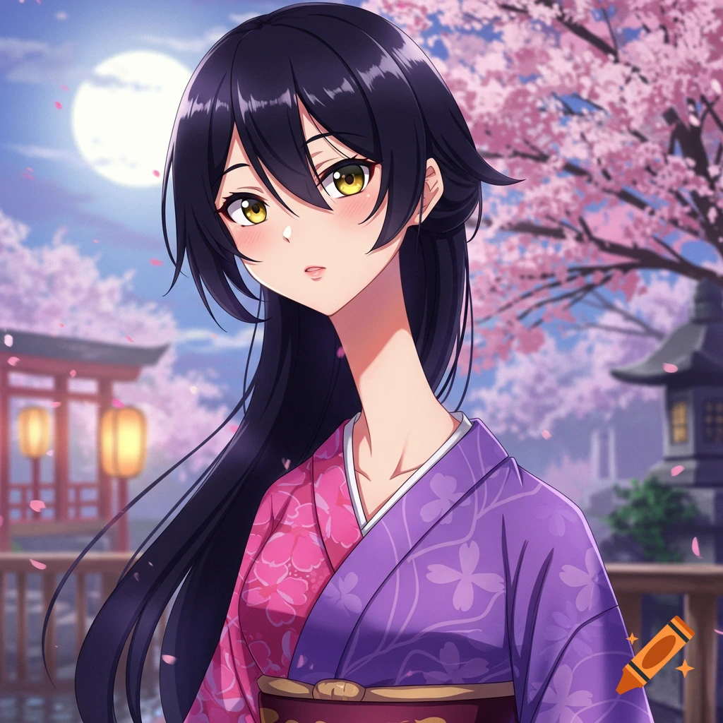 Anime girl in a kimono under cherry blossoms at night with a full moon