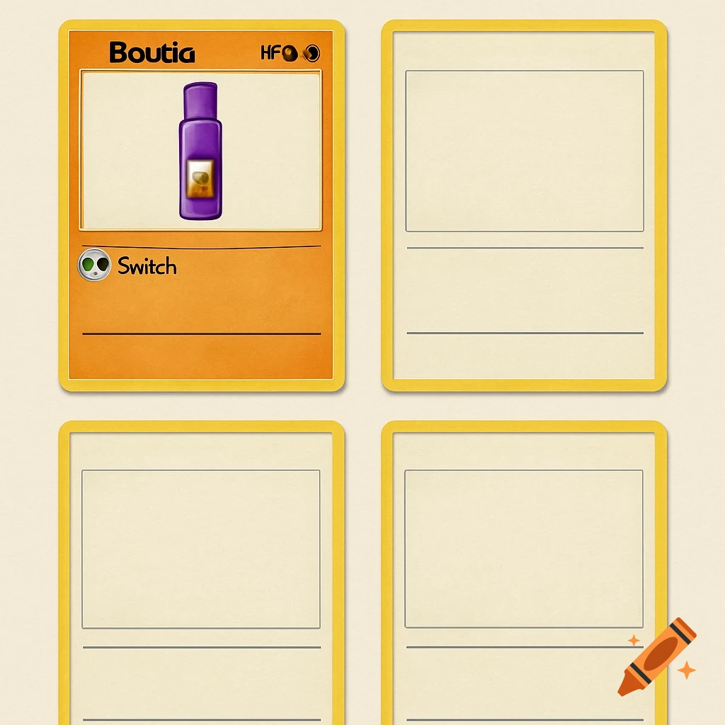 Four blank Pokemon card templates, with the top left card having text "Boutia", a purple bottle, and "Switch".