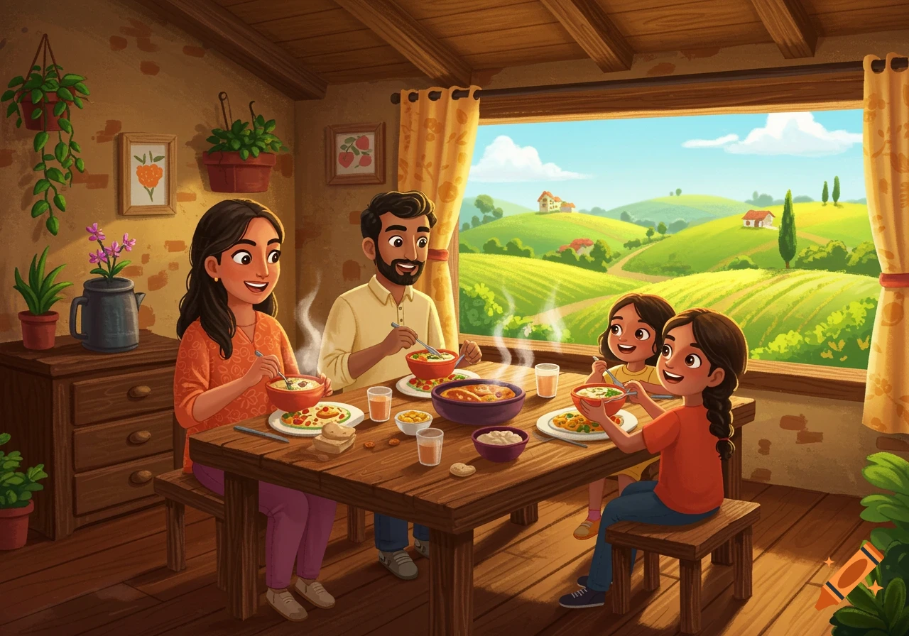 Illustrated family eating a meal at a table inside a house, looking out at a rolling countryside landscape.