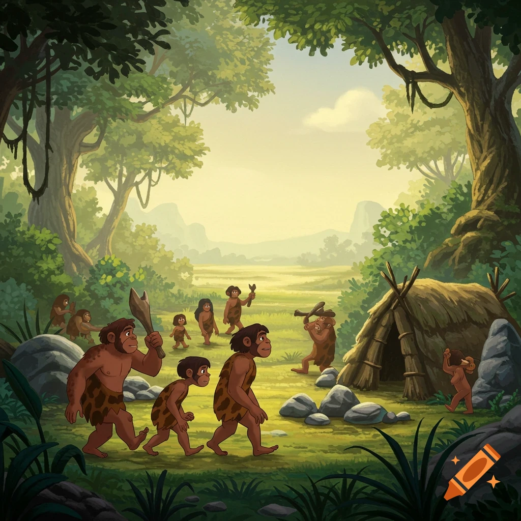 Animated illustration of prehistoric cave people in a jungle landscape.