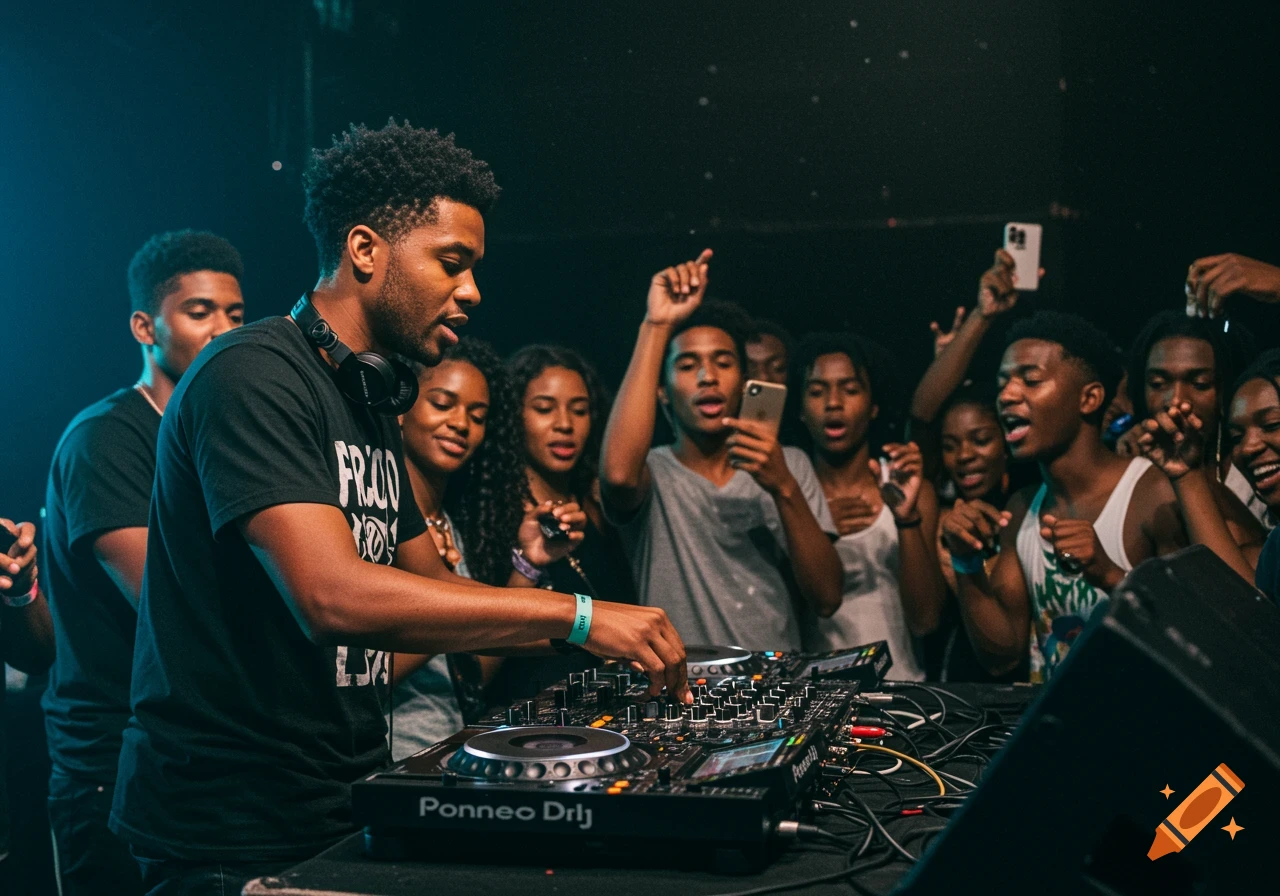 A Black DJ performs for a crowd at a music event, mixing tracks on a large console.