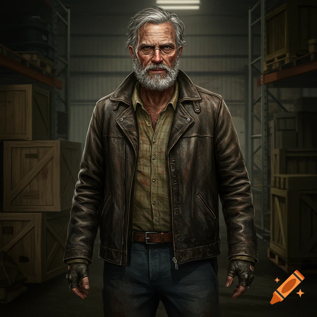 Older man with a beard and leather jacket stands in a dimly lit warehouse.