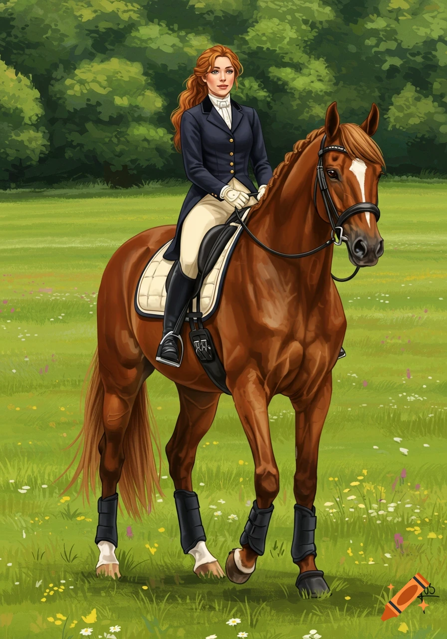 Illustration of a woman riding a brown horse in a grassy field.