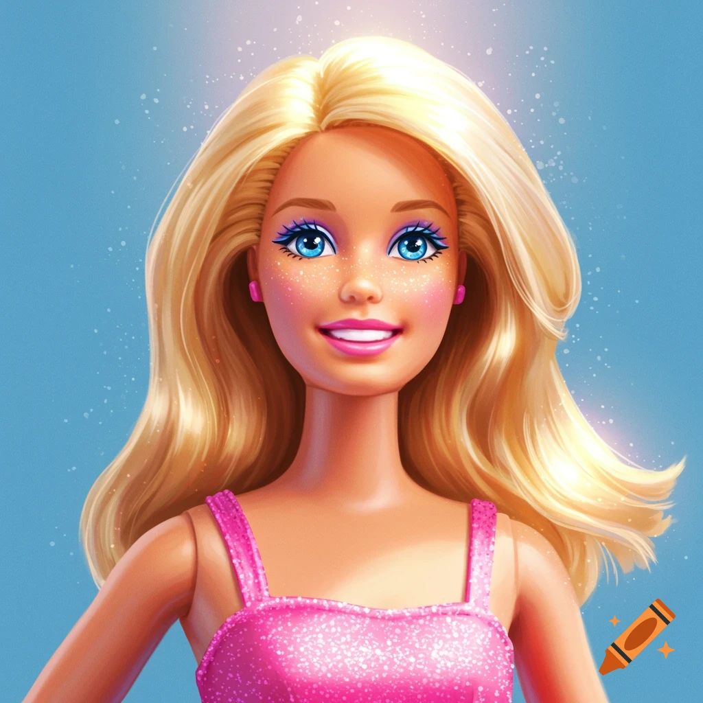 Close-up illustration of a blonde Barbie doll in a pink glittery dress.