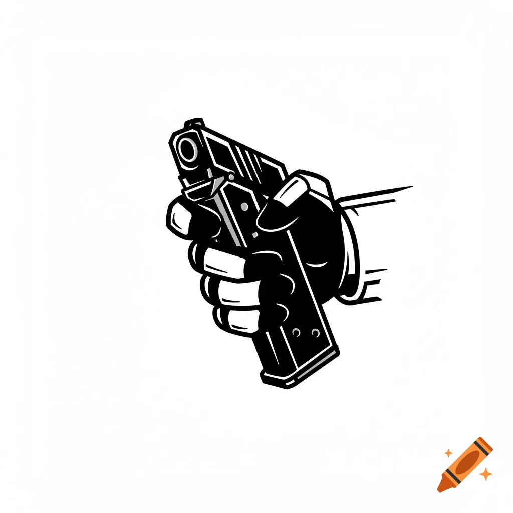Stylized black and white illustration of a hand holding a pistol magazine.