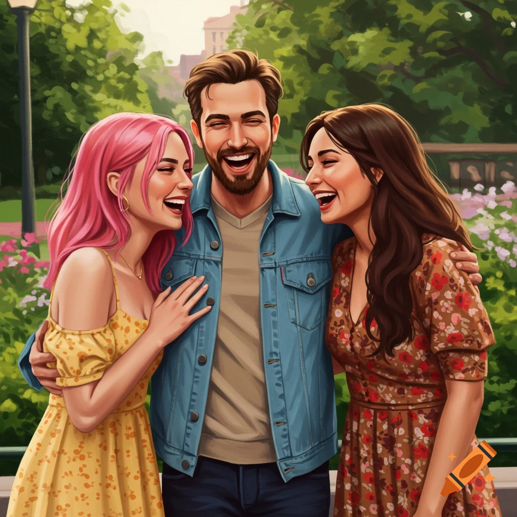 Three best friends, two women and one man, laughing together in a park