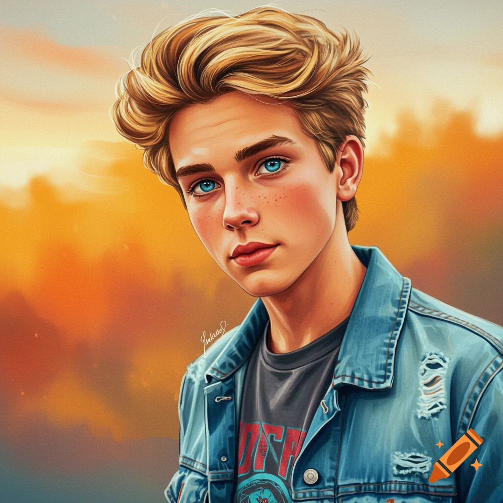 Digital illustration of a blonde teenage boy with blue eyes wearing a denim jacket.