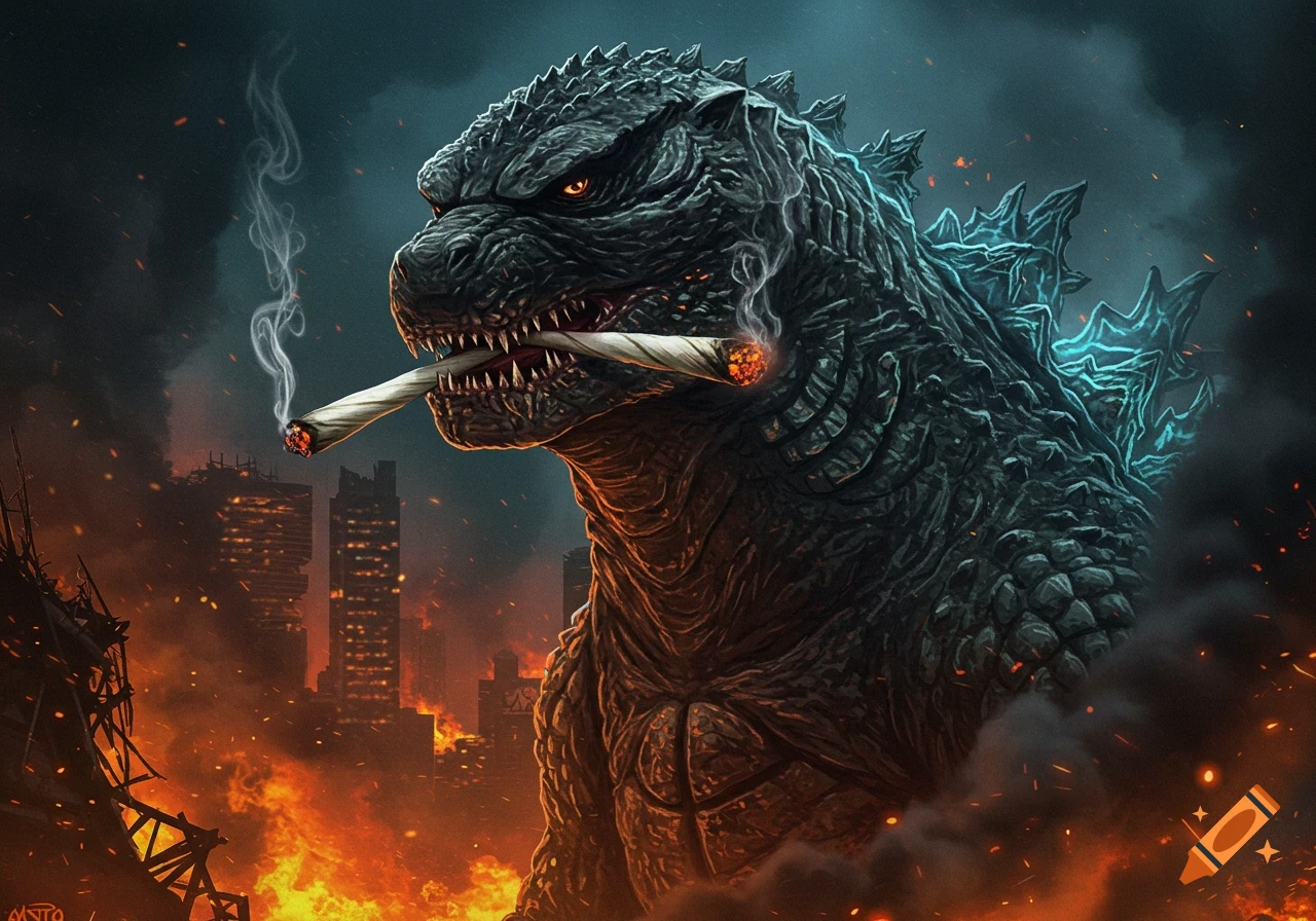 Detailed illustration of Godzilla holding a lit joint in his mouth amidst a burning city.