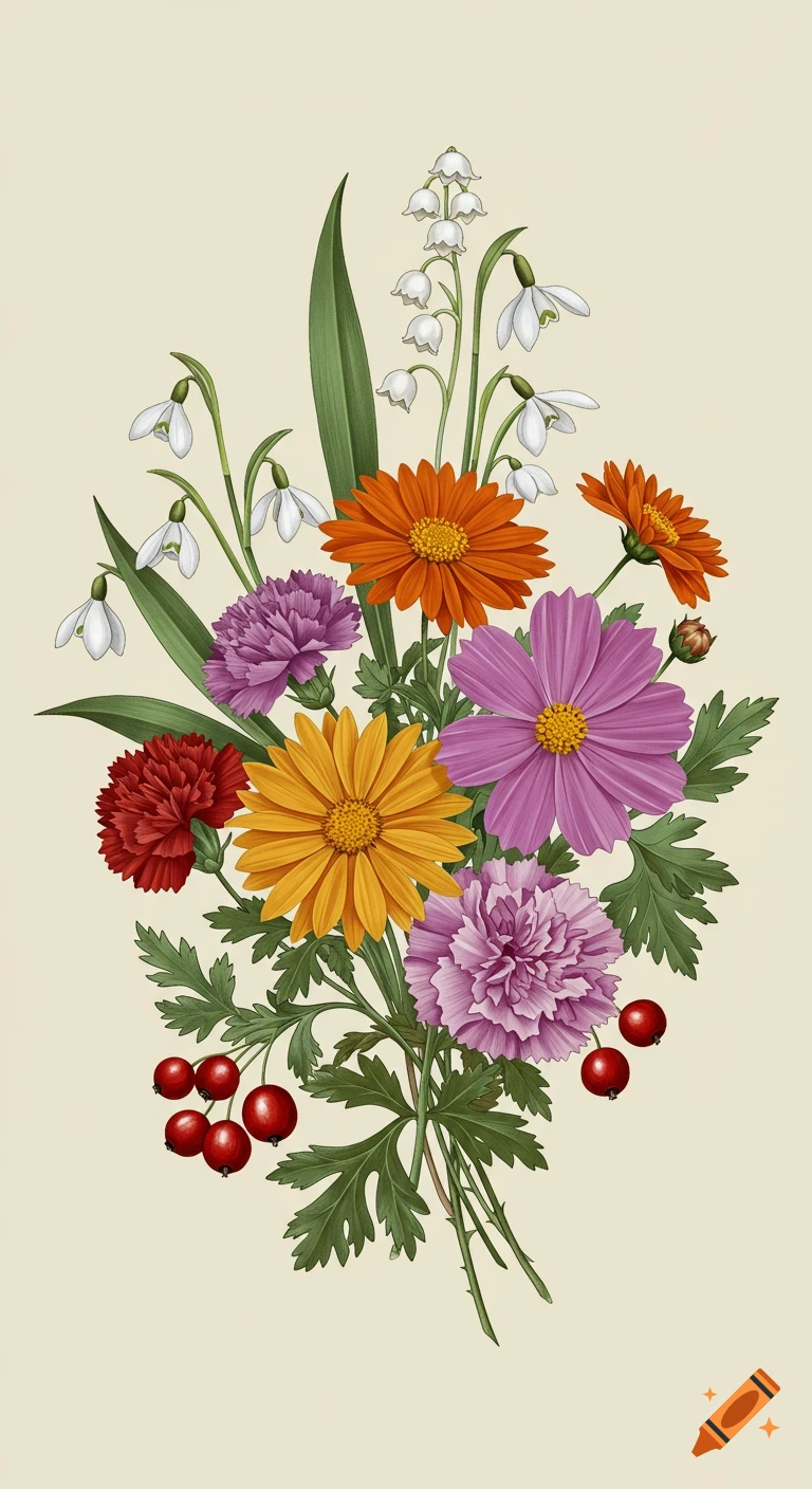 Botanical illustration of a bouquet of colorful flowers and berries on a light background.