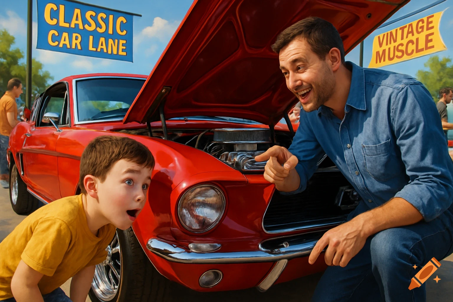 A man and young boy examine a shiny red classic car with the hood open at a car show.