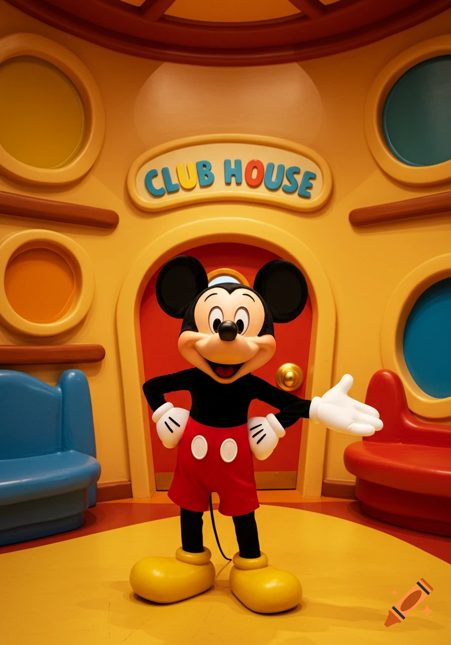 Mickey Mouse stands in front of the Club House door.