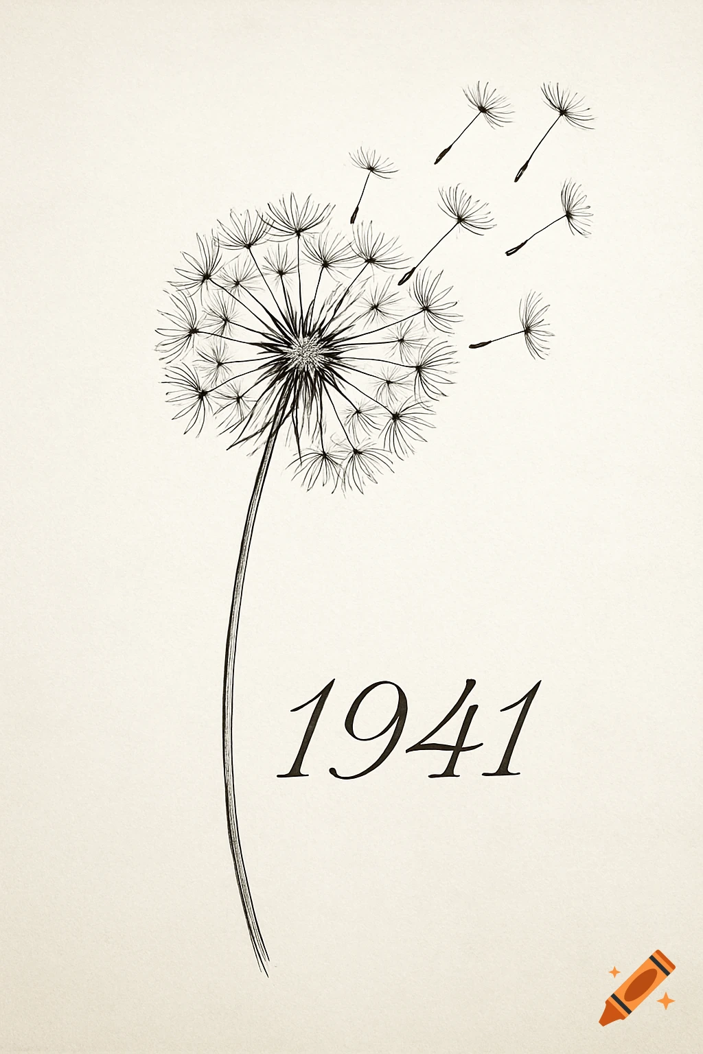 A fine line drawing of a dandelion with seeds blowing away and the number 1941 below.