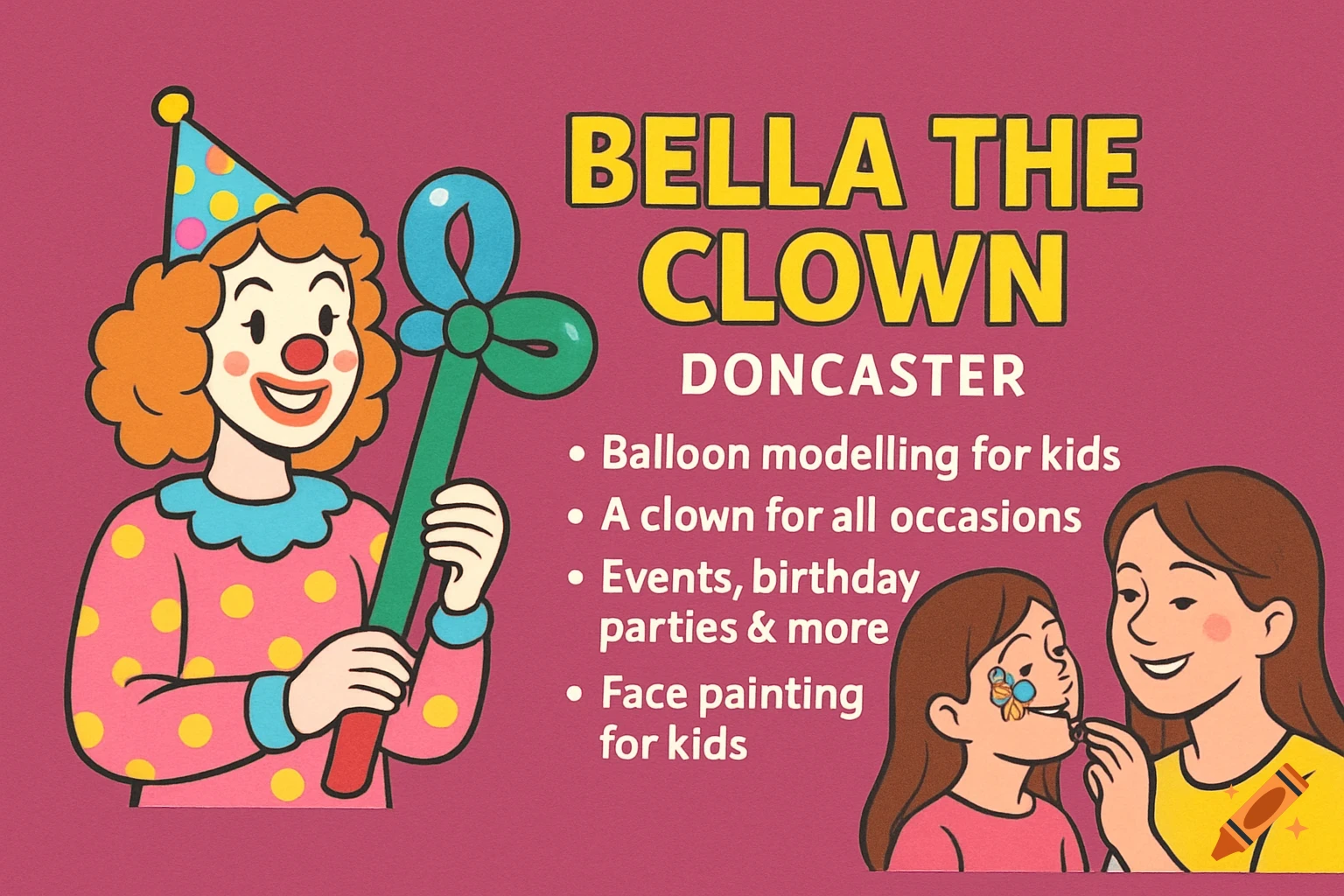 Cartoon illustration business card for Bella the Clown Doncaster, showing a clown holding a balloon animal and text listing services.