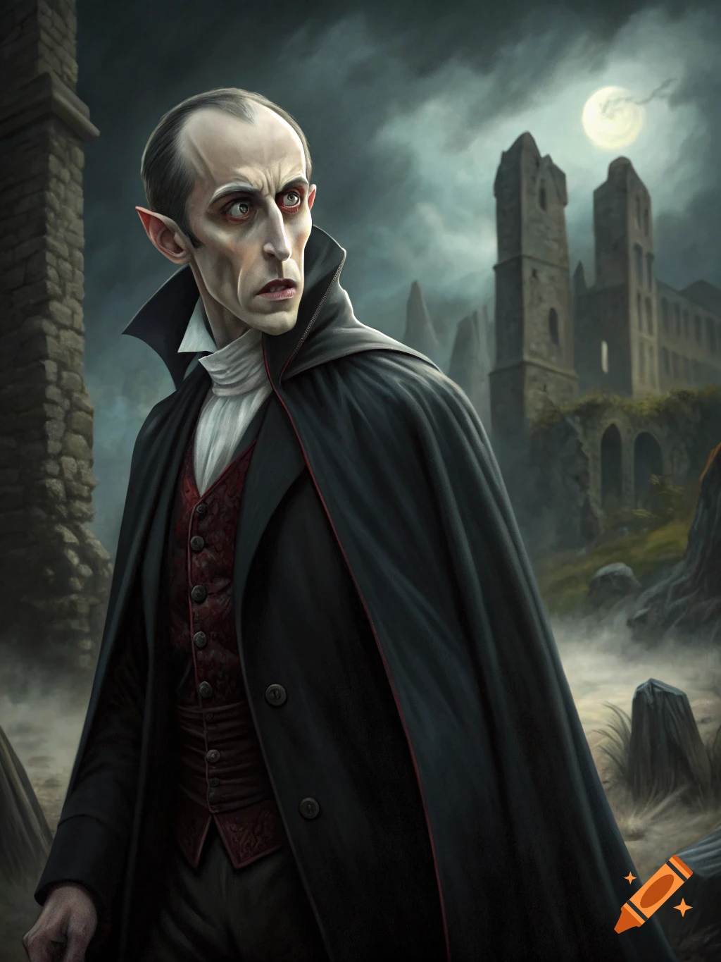 Nosferatu-like vampire in a cape stands before castle ruins under a full moon in a dark, atmospheric setting.