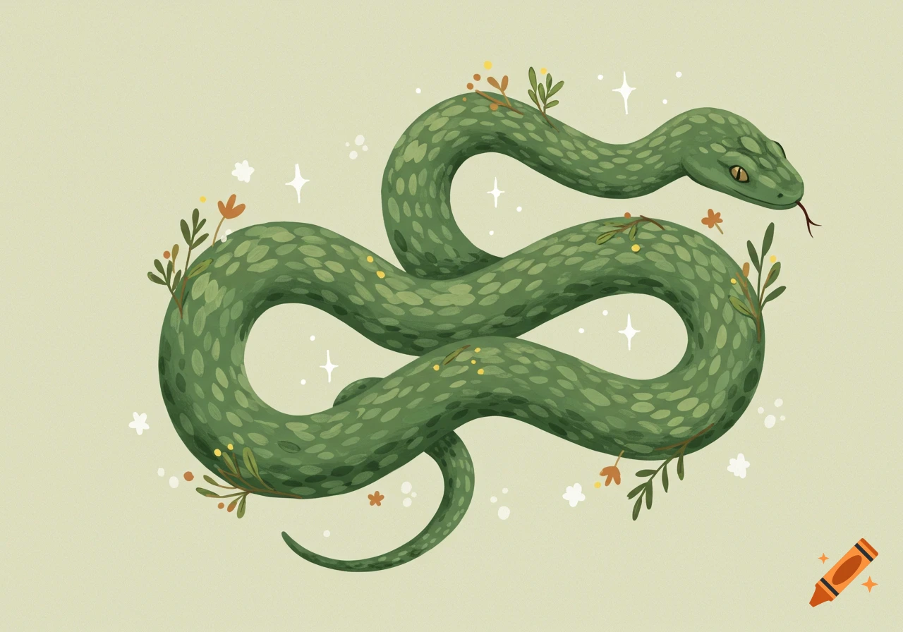 An illustration of a green snake with foliage and stars on a light ...