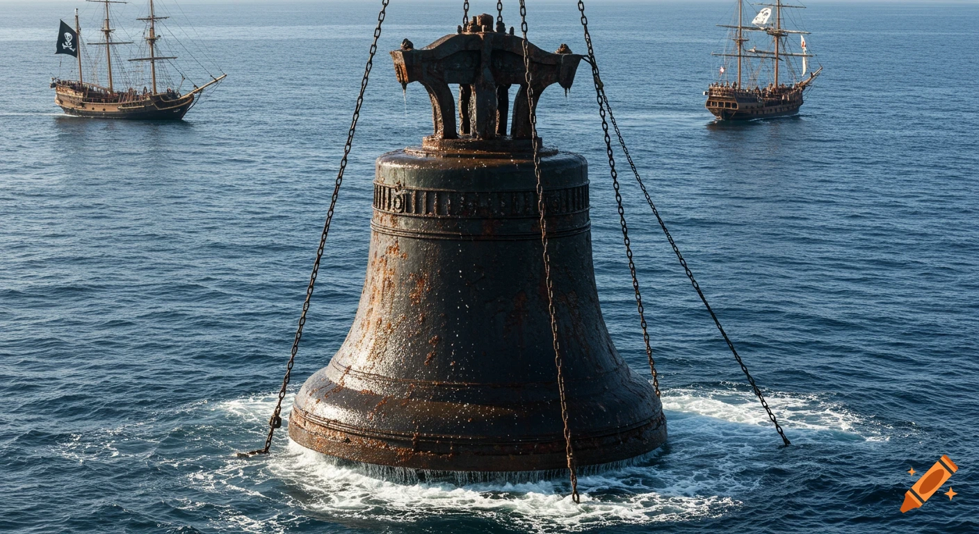 Giant iron bell being lifted from the sea by pirate ships.