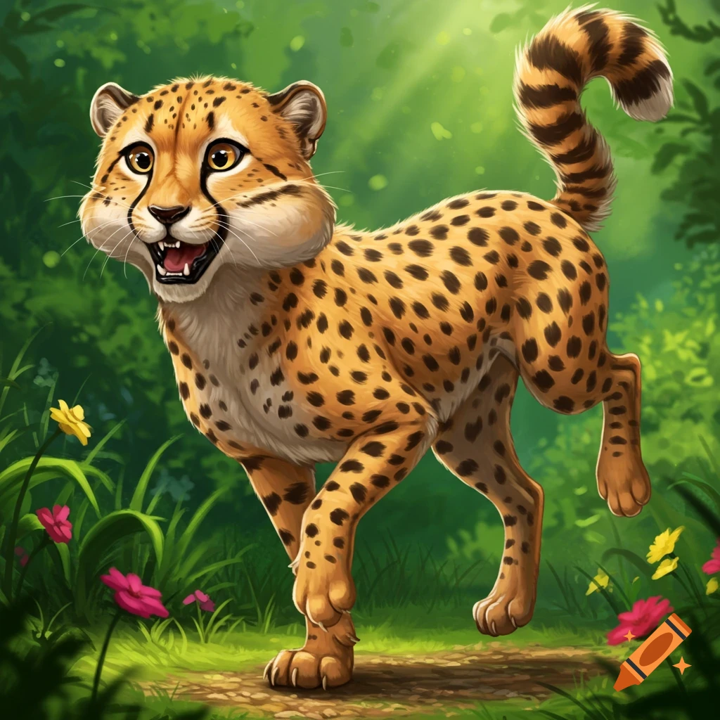 Cartoon cheetah running through a lush forest setting.