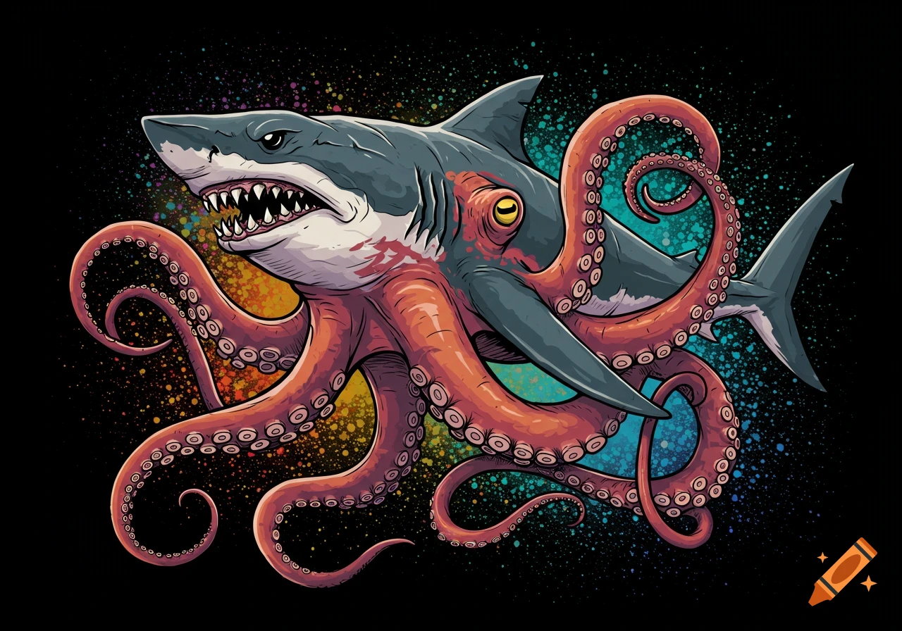Stylized illustration of a shark-octopus hybrid with tentacles and a splatter background.