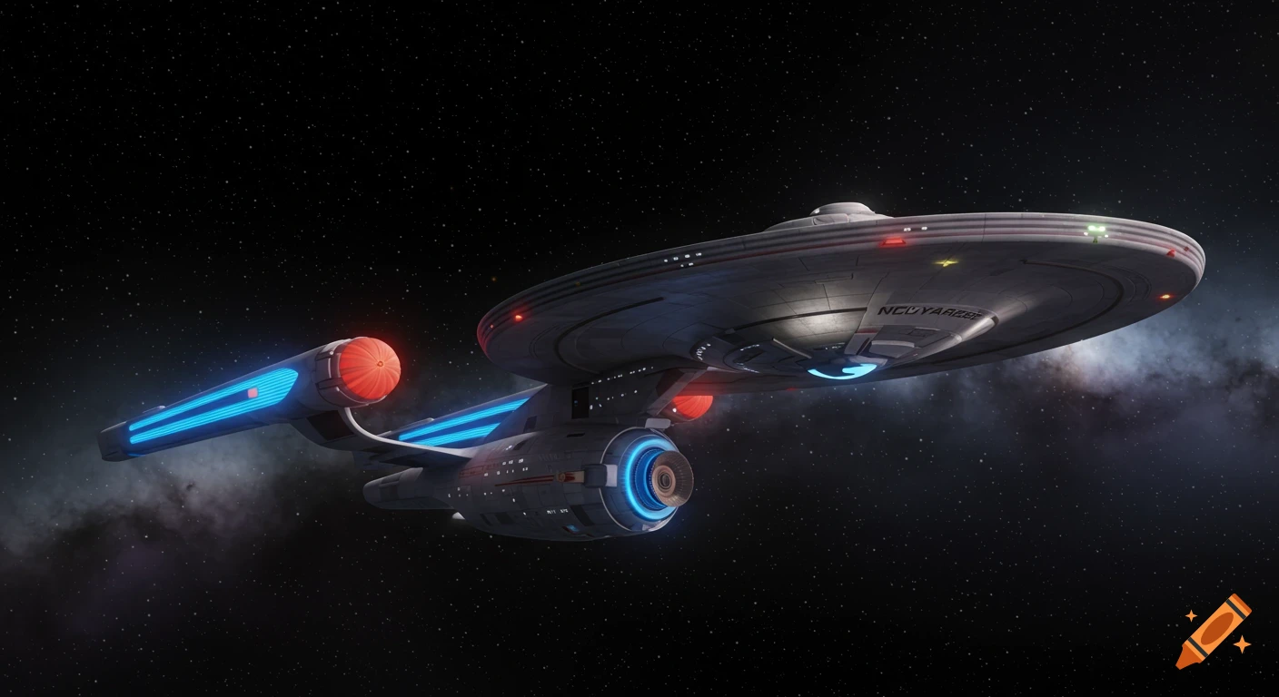 A detailed Star Trek spaceship flies in deep space.