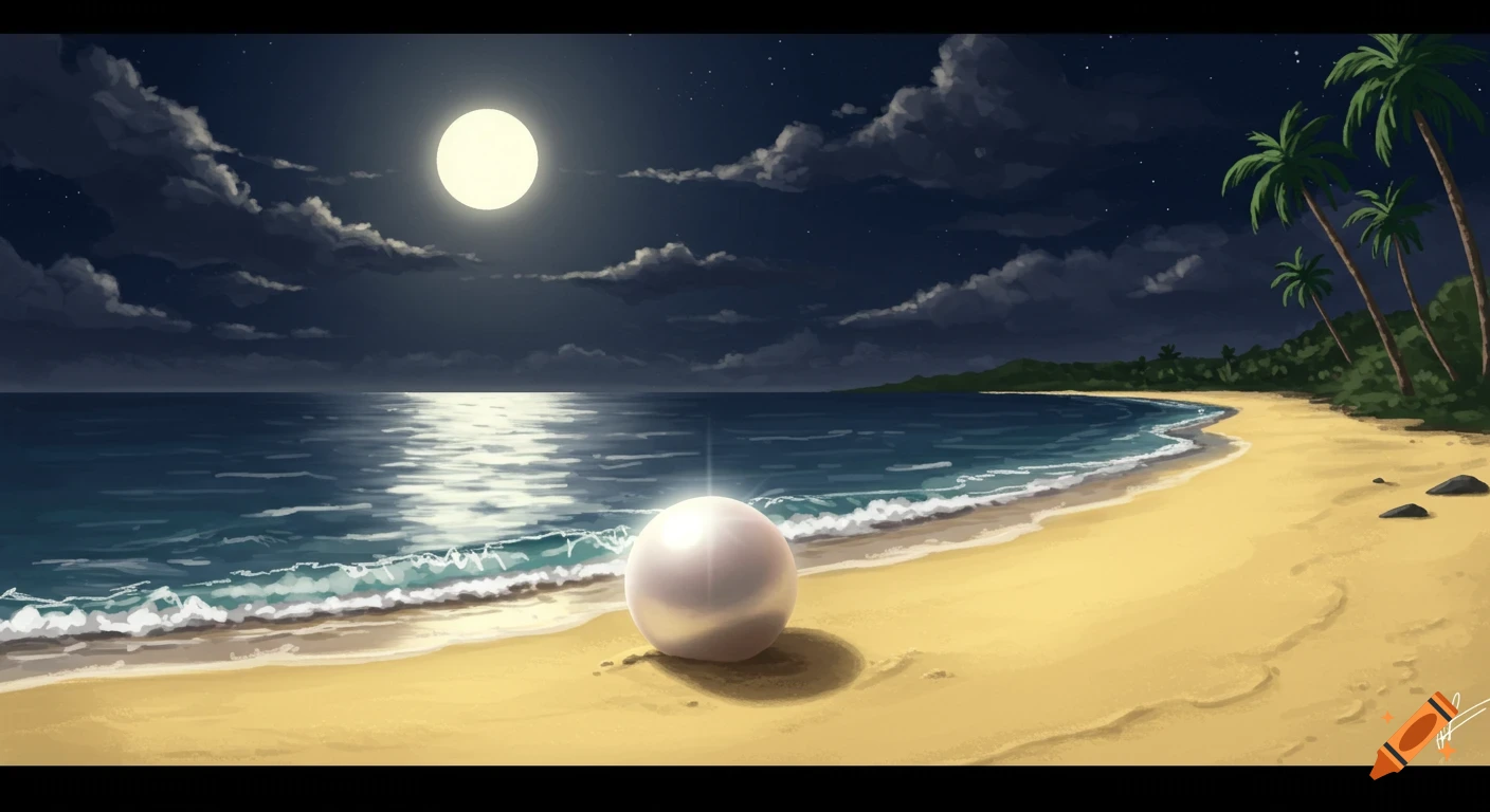 Illustration of a full moon over a tropical beach with a large pearl on the sand.