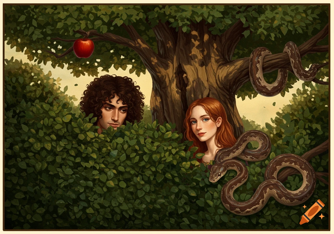 Illustration of Adam and Eve behind bushes with a snake and apple in a tree
