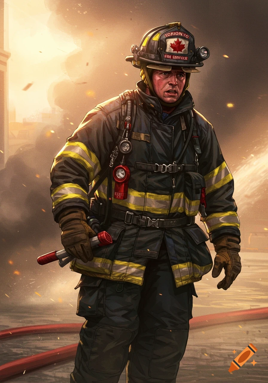 Stylized illustration of a firefighter in Toronto gear standing among smoke and sparks.