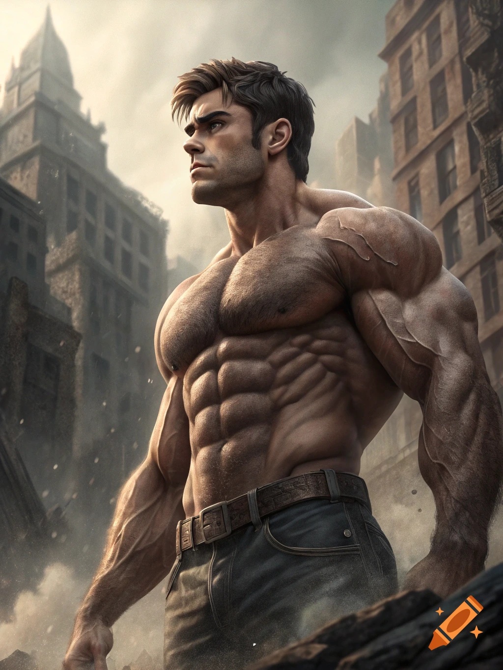 Muscular man standing tall in an urban ruin