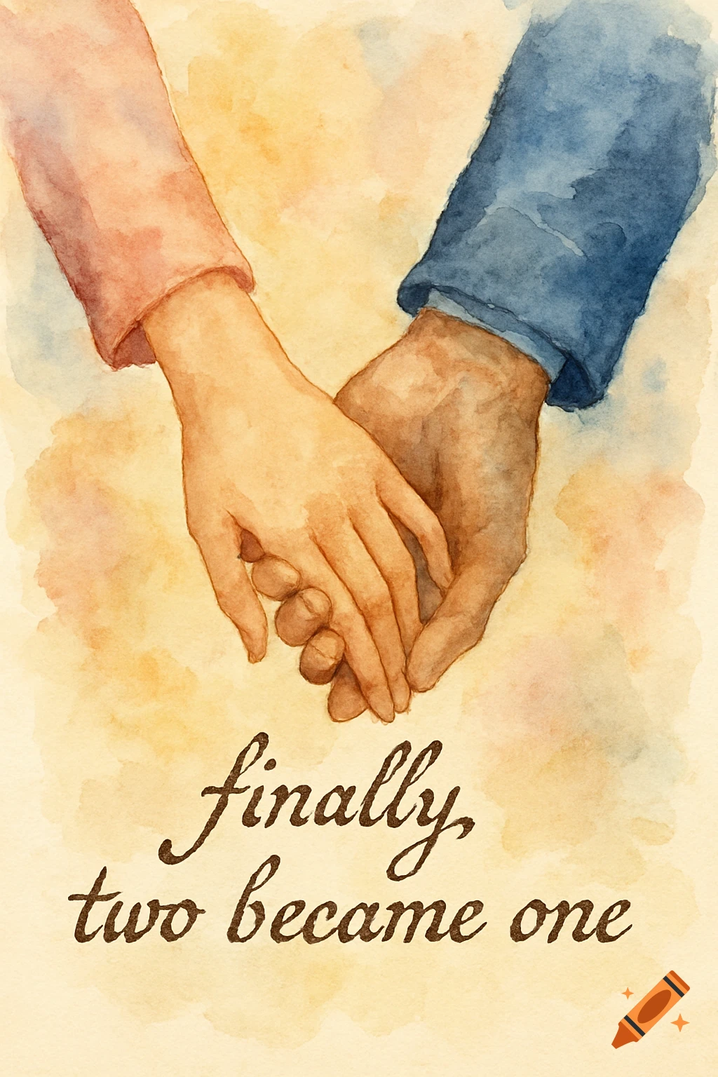 Watercolor painting of two hands holding, with the text 'finally, two became one'.