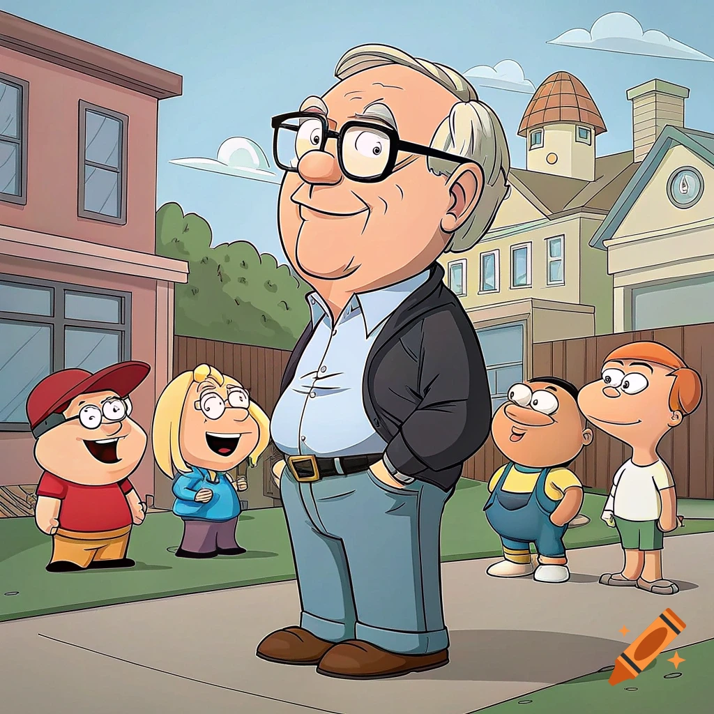 Cartoon of a man resembling Warren Buffett with cartoon kids in the style of Family Guy on a street.