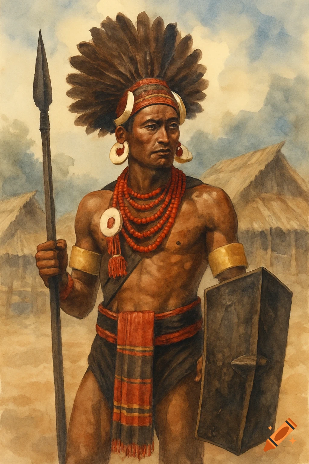 Watercolor portrait of a man in tribal attire holding a spear and shield.