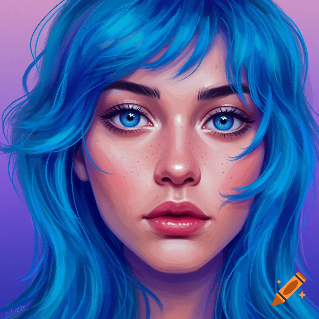 Digital painting of a woman with bright blue hair and blue eyes. on Craiyon