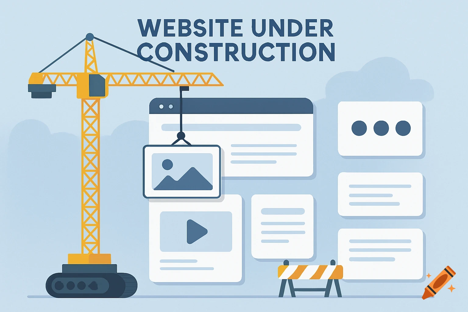 Illustration of a website under construction with a crane, web pages, and a construction barrier.