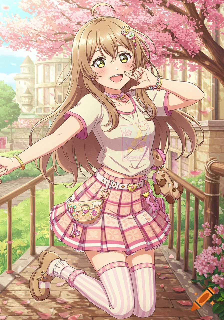 Anime girl with brown hair and hazel eyes in pink plaid skirt near cherry blossoms.