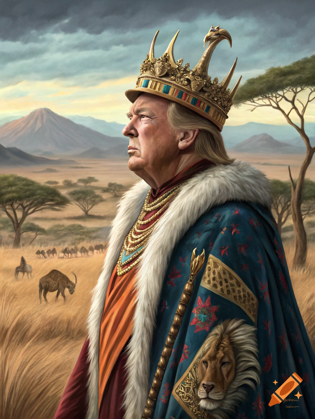 Portrait of Donald Trump depicted as a king in royal robes and crown, standing in an African savanna landscape.