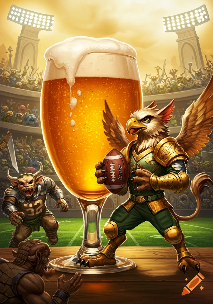 Fantasy griffin holding a football next to a large beer glass in a stadium with other creatures.