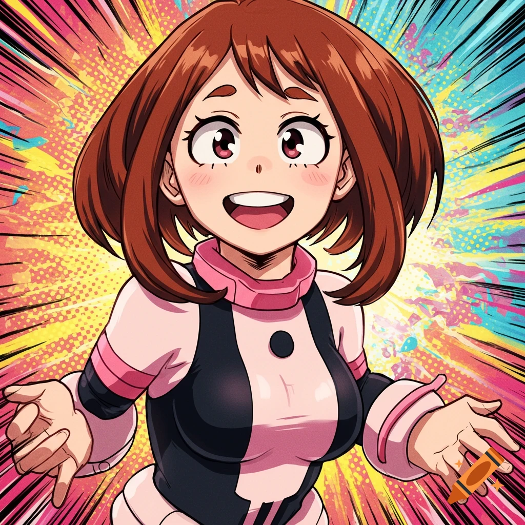 Anime illustration of Ochako Uraraka smiling with hands outstretched, against a colorful comic burst background.