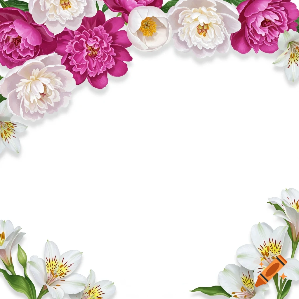 Pink and white peonies and white lilies on a white background, arranged in the corners.