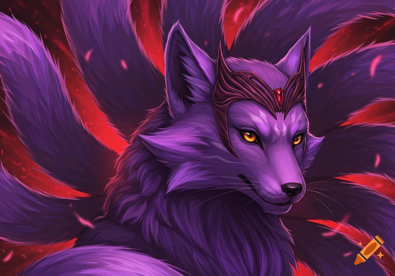 Purple kitsune with multiple tails wearing a crown, digital art
