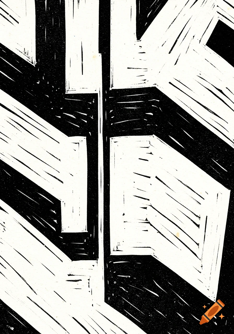 Abstract black and white pattern in a linocut style.