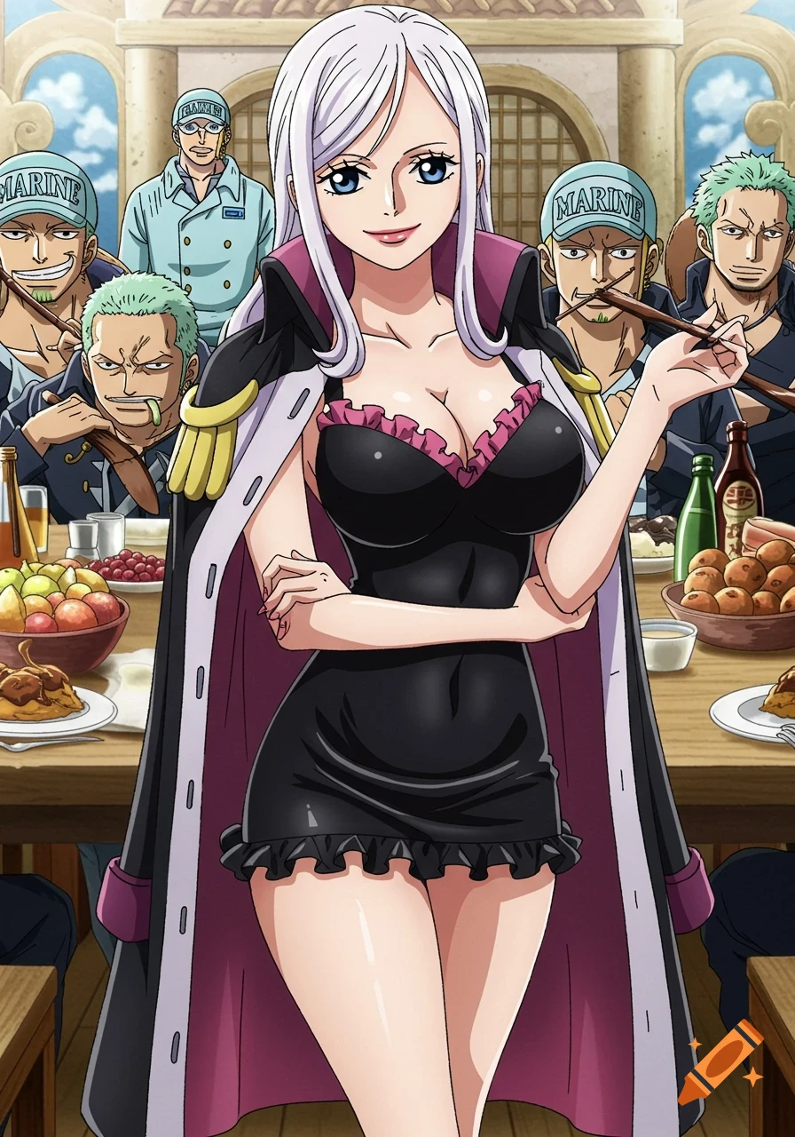 Anime image of a white-haired female character in a black dress and marine coat standing at a table with male marine characters.