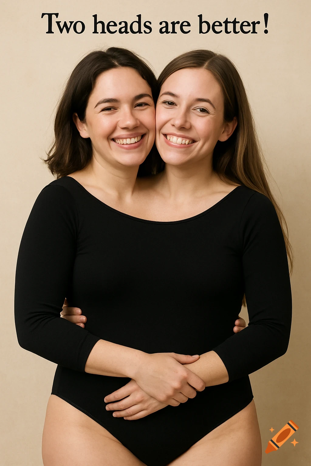 Two women in black bodysuit smiling, creating the illusion of two heads on one body, with text 'Two heads are better!'