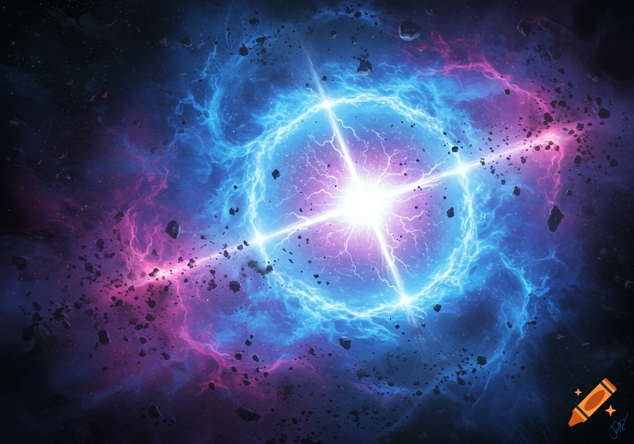 Bright cosmic explosion with swirling blue and pink energy and debris.