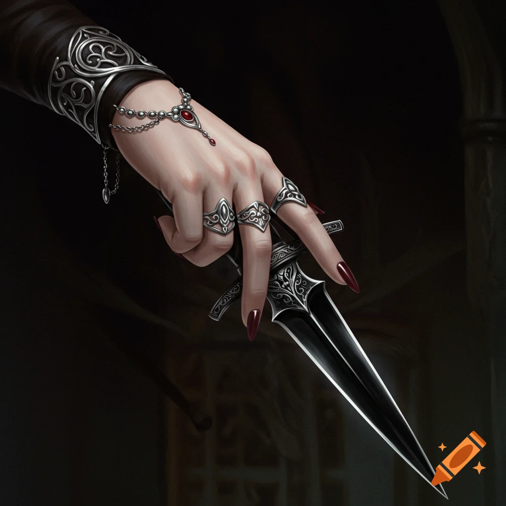 Close-up illustration of a hand with rings and bracelet holding a black dagger.