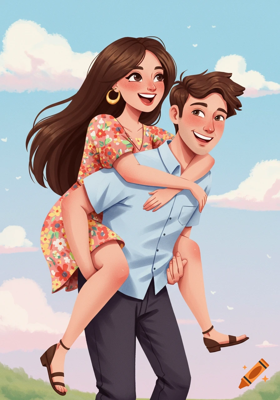 Cartoon illustration of a man giving a piggyback ride to a woman in a field