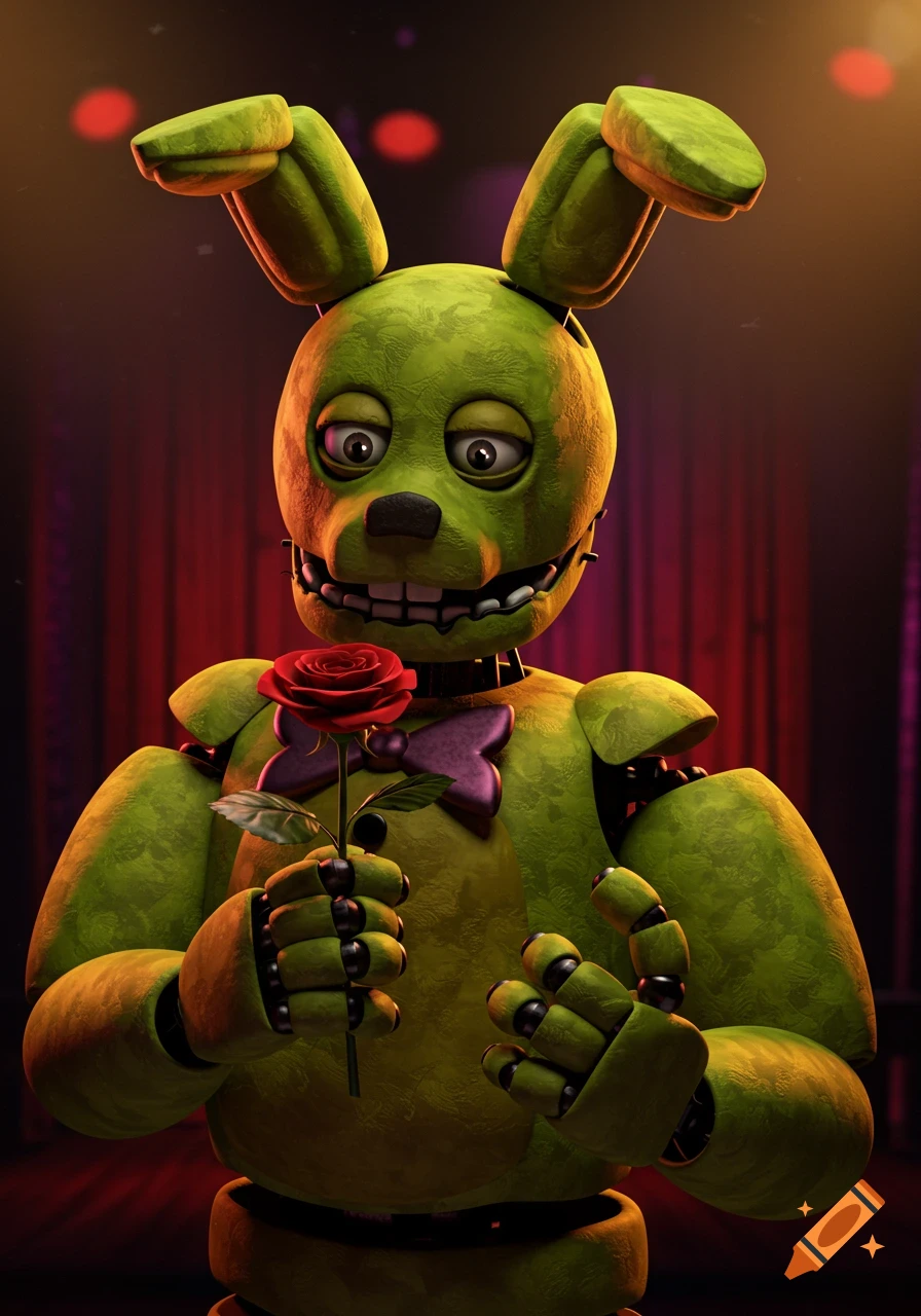 A green animatronic bunny holding a red rose in a theatrical setting.